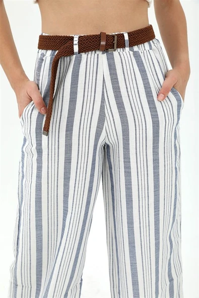 Hasır Kemer Çizgili Pantolon - Lacivert - Resim 6