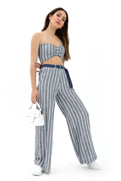 Hasır Kemerli Çizgili Keten Pantolon - İndigo - Resim 2