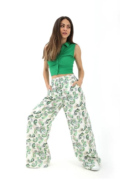 Bol Paça Renkli Baskı Keten Pantolon - Yeşil ürün görseli 1