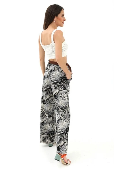 Hasır Kemer Desenli Keten Pantolon - Siyah - Resim 5