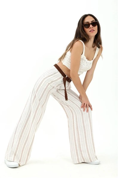 Hasır Kemer Çizgili Pantolon - Bej ürün görseli 1