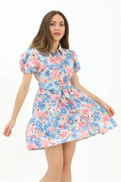 Gömlek Yaka Önü Düğmeli Beli Kuşaklı Çiçek Desen Elbise - Mavi - Resim 4