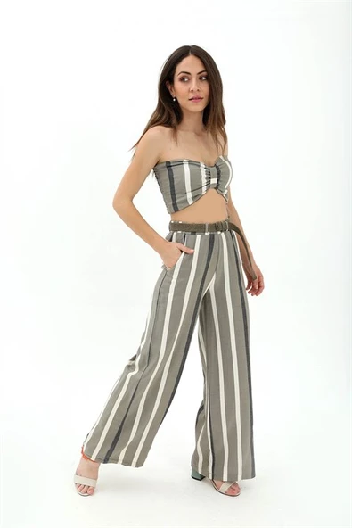 Hasır Kemerli Çizgili Keten Pantolon - Yeşil ürün görseli 1