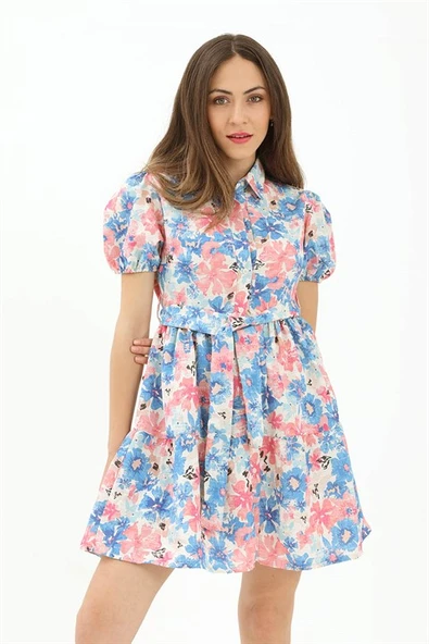 Gömlek Yaka Önü Düğmeli Beli Kuşaklı Çiçek Desen Elbise - Mavi ürün görseli 1