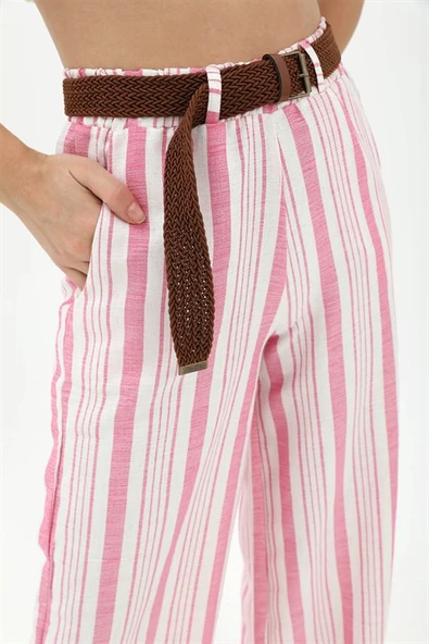 Hasır Kemer Çizgili Pantolon - Fuşya - Resim 6