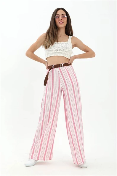 Hasır Kemer Çizgili Pantolon - Fuşya - Resim 3