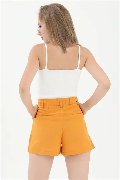 Yüksek Bel Önü Pileli Arka Beli Lastikli Keten Şort - Turuncu - Resim 3