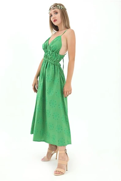 Beli Lastikli Astarlı Sırt Dekolte Brode Elbise - Yeşil - Resim 3