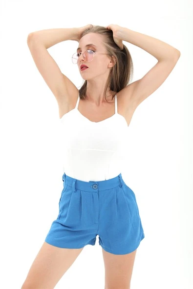 Yüksek Bel Önü Pileli Arka Beli Lastikli Keten Şort - SaksMavisi ürün görseli 1