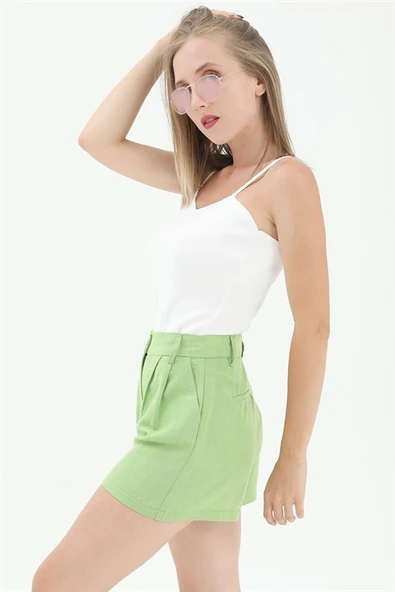 Yüksek Bel Önü Pileli Arka Beli Lastikli Keten Şort - Yeşil - Resim 2
