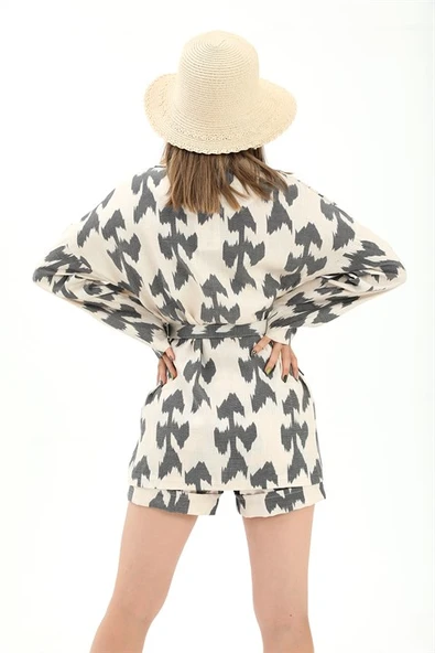 Kemerli Desenli Oversize Blazer Ceket - Siyah - Resim 5