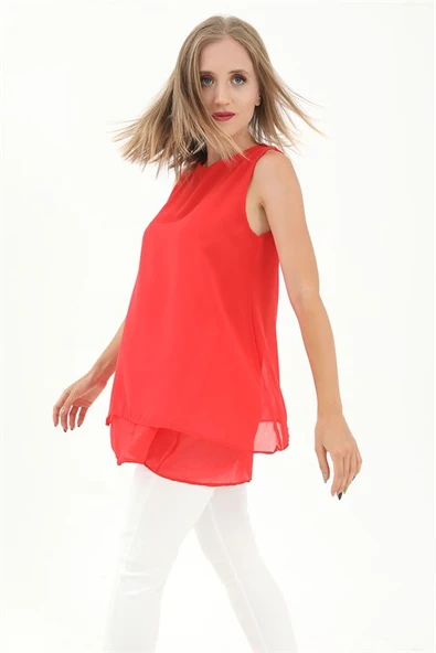 Uzun Şifon Kolsuz Bluz - NarÇiçeği - Resim 3