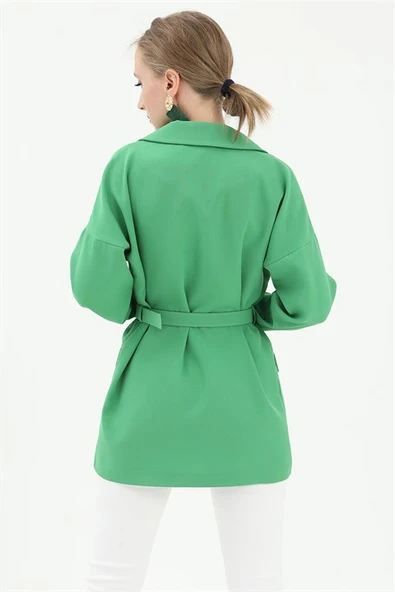 Düşük Omuz Kemerli Atlas Kumaş Blazer Ceket - Yeşil - Resim 5