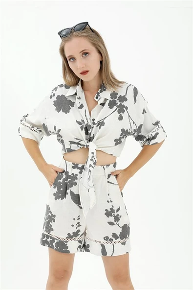 Önden Bağlamalı Dantelli Keten Takım - Siyah ürün görseli 1