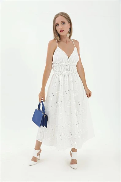 Beli Lastikli Astarlı Sırt Dekolte Brode Elbise - Beyaz - Resim 4