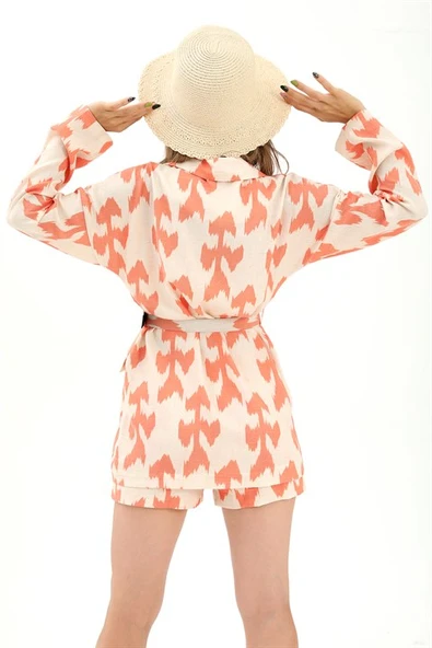 Kemerli Desenli Oversize Blazer Ceket - Turuncu - Resim 6