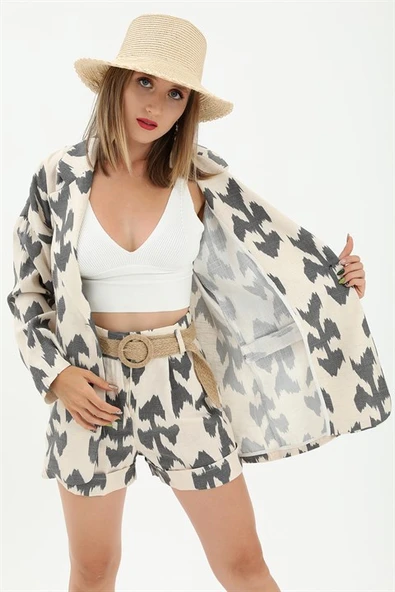 Kemerli Desenli Oversize Blazer Ceket - Siyah - Resim 2