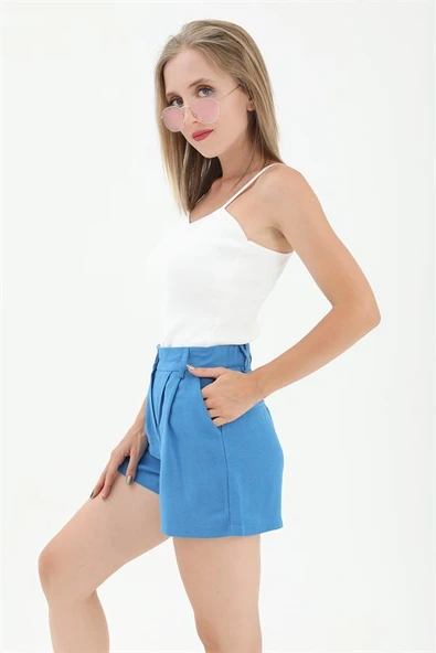 Yüksek Bel Önü Pileli Arka Beli Lastikli Keten Şort - SaksMavisi - Resim 2