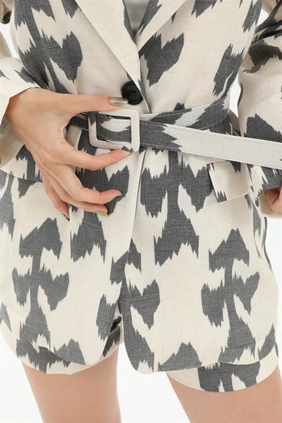 Kemerli Desenli Oversize Blazer Ceket - Siyah - Resim 6