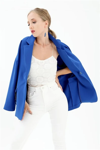 Düşük Omuz Kemerli Atlas Kumaş Blazer Ceket - SaksMavisi - Resim 4