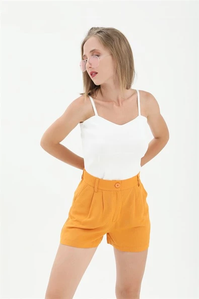 Yüksek Bel Önü Pileli Arka Beli Lastikli Keten Şort - Turuncu ürün görseli 1