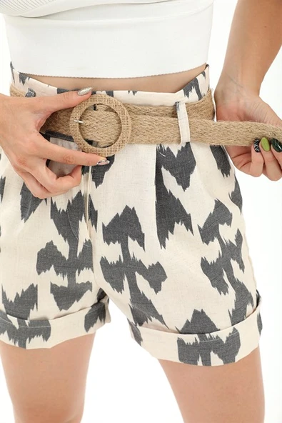 Hasır Kemer Baskılı Keten şort - Siyah - Resim 4