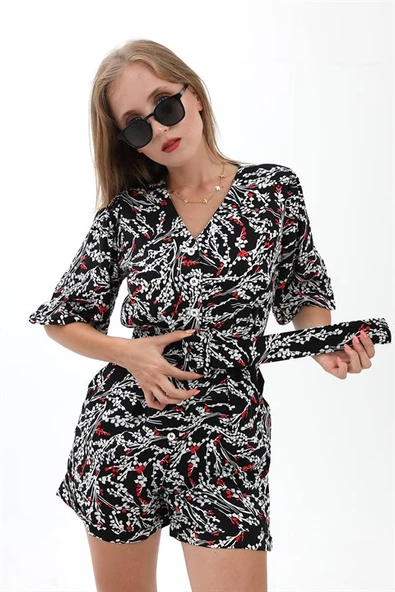 Arka Beli Lastikli Kemerli Kadın Şort Tulum - Siyah - Resim 4