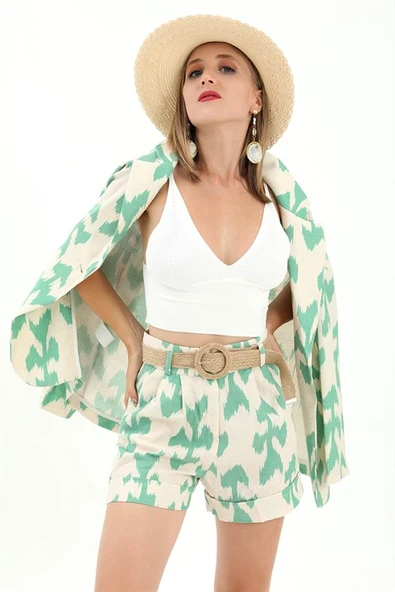 Kemerli Desenli Oversize Blazer Ceket - Yeşil - Resim 2