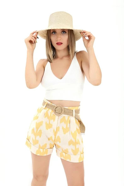 Hasır Kemer Baskılı Keten şort - Sarı ürün görseli 1