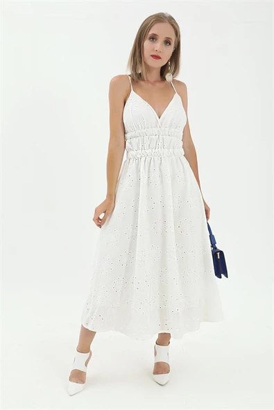 Beli Lastikli Astarlı Sırt Dekolte Brode Elbise - Beyaz - Resim 5