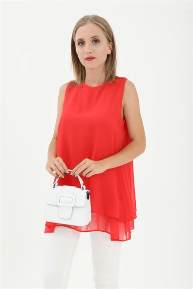 Uzun Şifon Kolsuz Bluz - NarÇiçeği - Resim 2