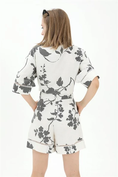 Önden Bağlamalı Dantelli Keten Takım - Siyah - Resim 5