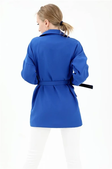 Düşük Omuz Kemerli Atlas Kumaş Blazer Ceket - SaksMavisi - Resim 5