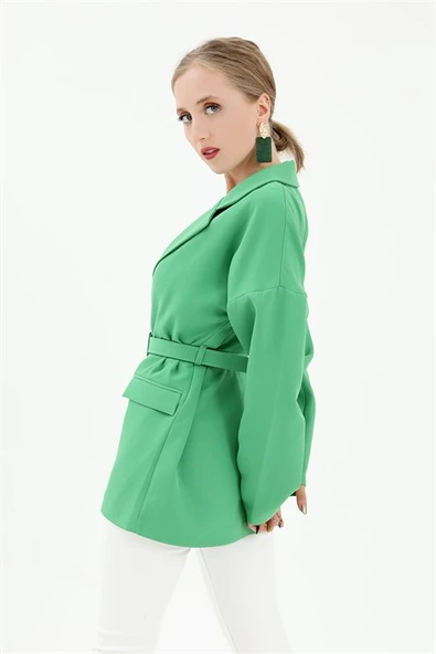 Düşük Omuz Kemerli Atlas Kumaş Blazer Ceket - Yeşil - Resim 4