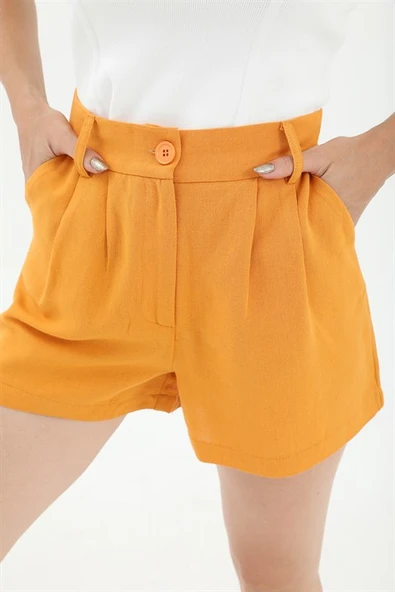 Yüksek Bel Önü Pileli Arka Beli Lastikli Keten Şort - Turuncu - Resim 4