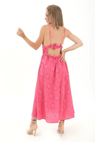 Beli Lastikli Astarlı Sırt Dekolte Brode Elbise - Fuşya - Resim 8