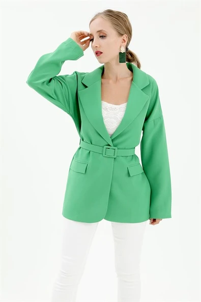 Düşük Omuz Kemerli Atlas Kumaş Blazer Ceket - Yeşil - Resim 2