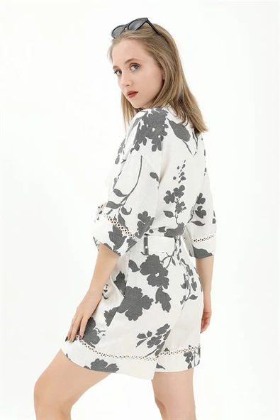 Önden Bağlamalı Dantelli Keten Takım - Siyah - Resim 3