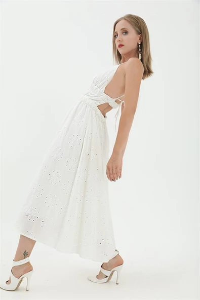 Beli Lastikli Astarlı Sırt Dekolte Brode Elbise - Beyaz ürün görseli 1