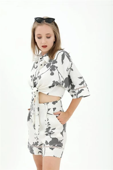 Önden Bağlamalı Dantelli Keten Takım - Siyah - Resim 4