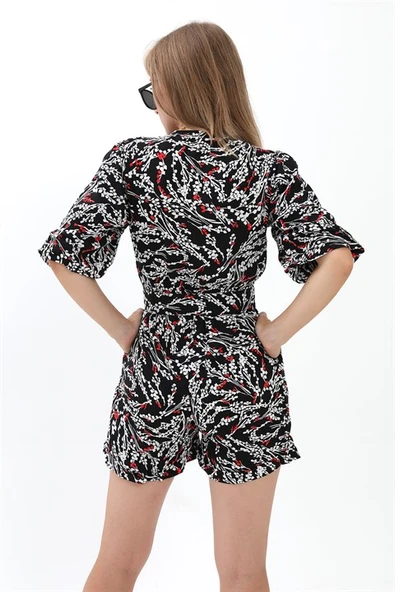 Arka Beli Lastikli Kemerli Kadın Şort Tulum - Siyah - Resim 5