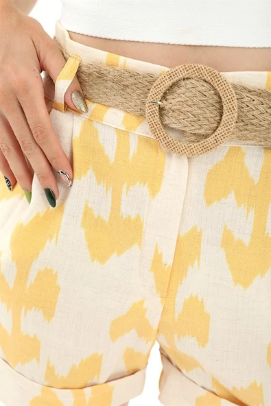 Hasır Kemer Baskılı Keten şort - Sarı - Resim 5