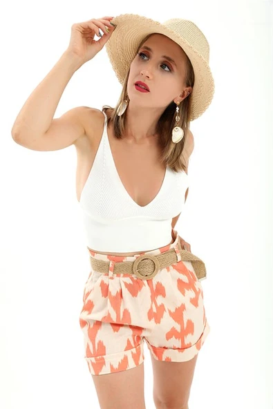 Hasır Kemer Baskılı Keten şort - Turuncu - Resim 2