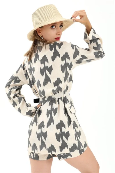 Kemerli Desenli Oversize Blazer Ceket - Siyah - Resim 4