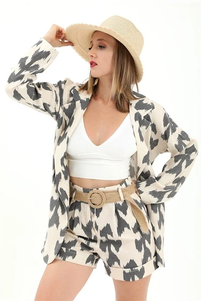 Kemerli Desenli Oversize Blazer Ceket - Siyah - Resim 3