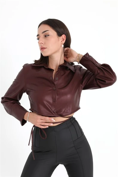 İçi Kadife Bağcıklı Kadın Kısa Deri Gömlek - Bordo - Resim 3