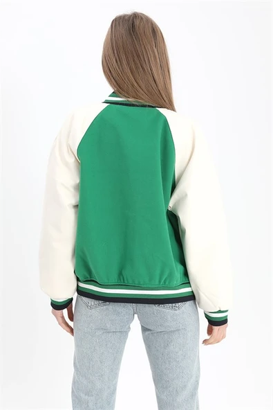 Kolları Deri Reglan Kollu Kolej Mont Ceket - Yeşil - 7