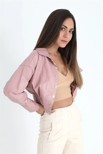 Kolları Çıtçıtlı Beli Lastikli Kadın Deri Gömlek - Pudra - Resim 6