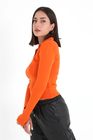 Uzun Kol Polo Yaka Triko - Turuncu - Resim 6