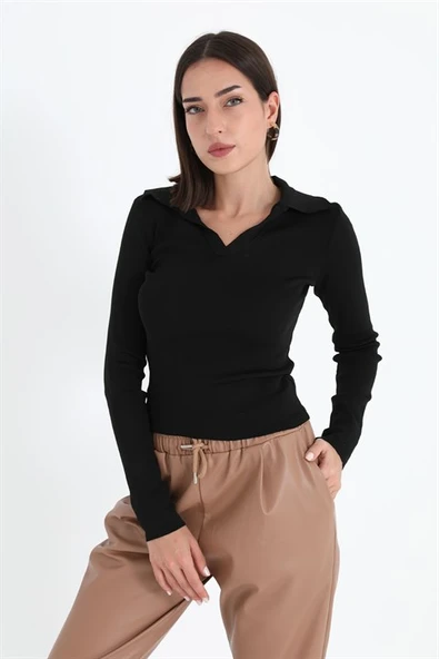 Uzun Kol Polo Yaka Triko - Siyah ürün görseli 1